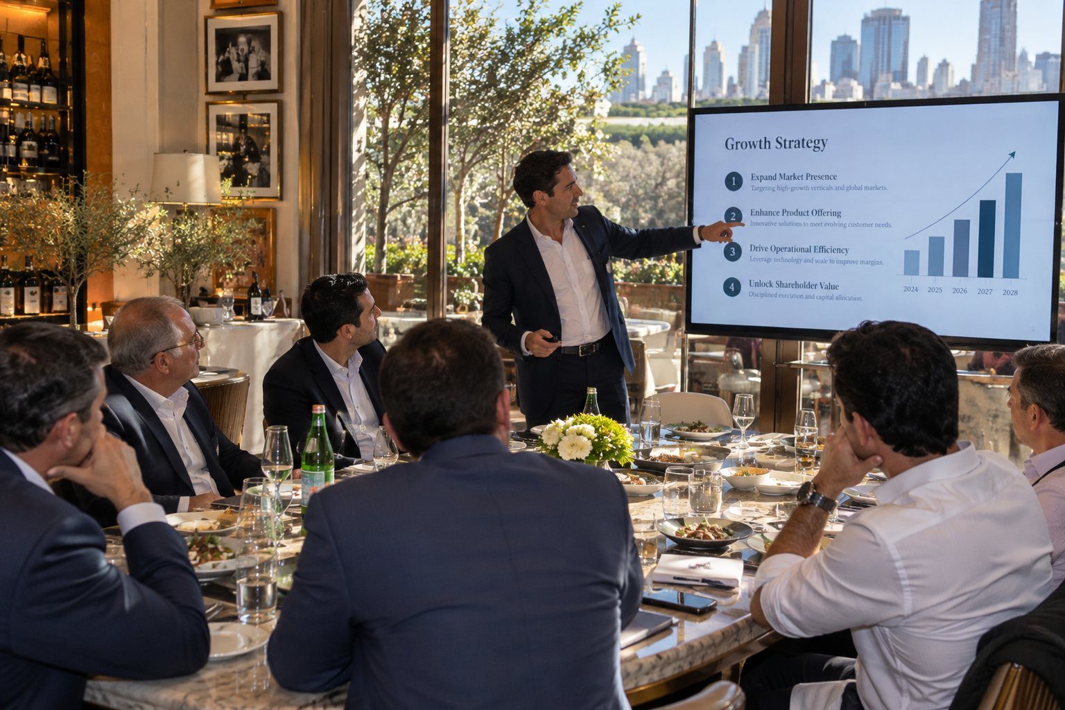 An executive presents to guests at a daytime luncheon, with the New York skyline beyond the windows.