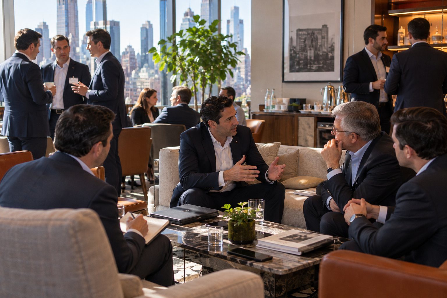 Executives in conversation in a lounge overlooking the New York skyline.