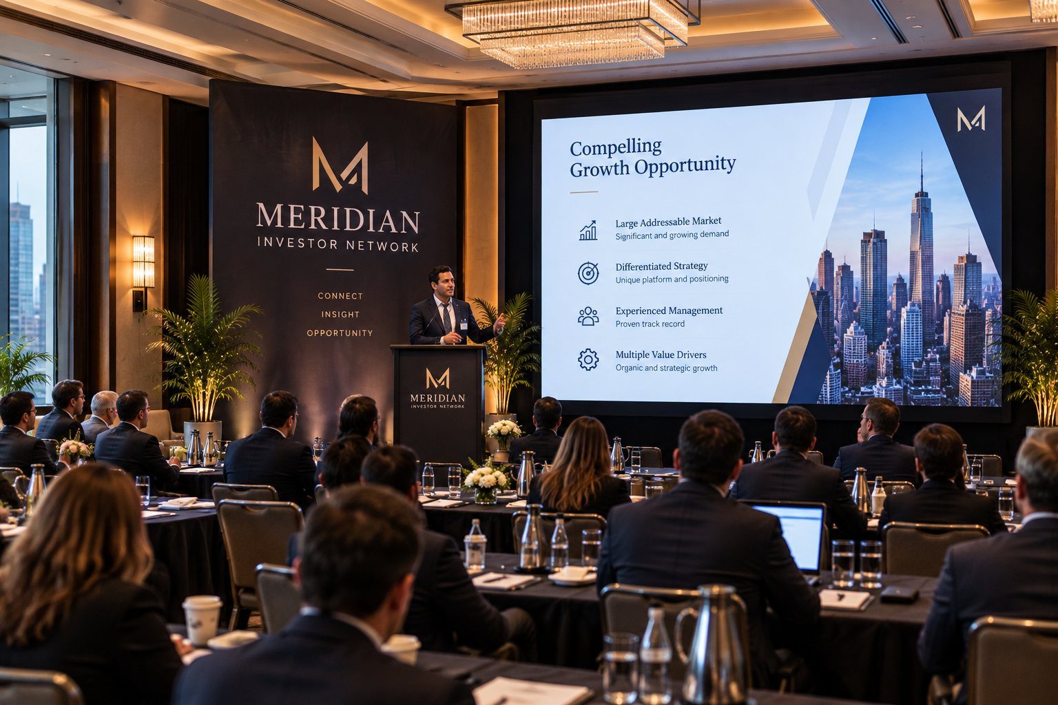 A company executive presents from a Meridian Investor Network podium to a full room of seated investors.