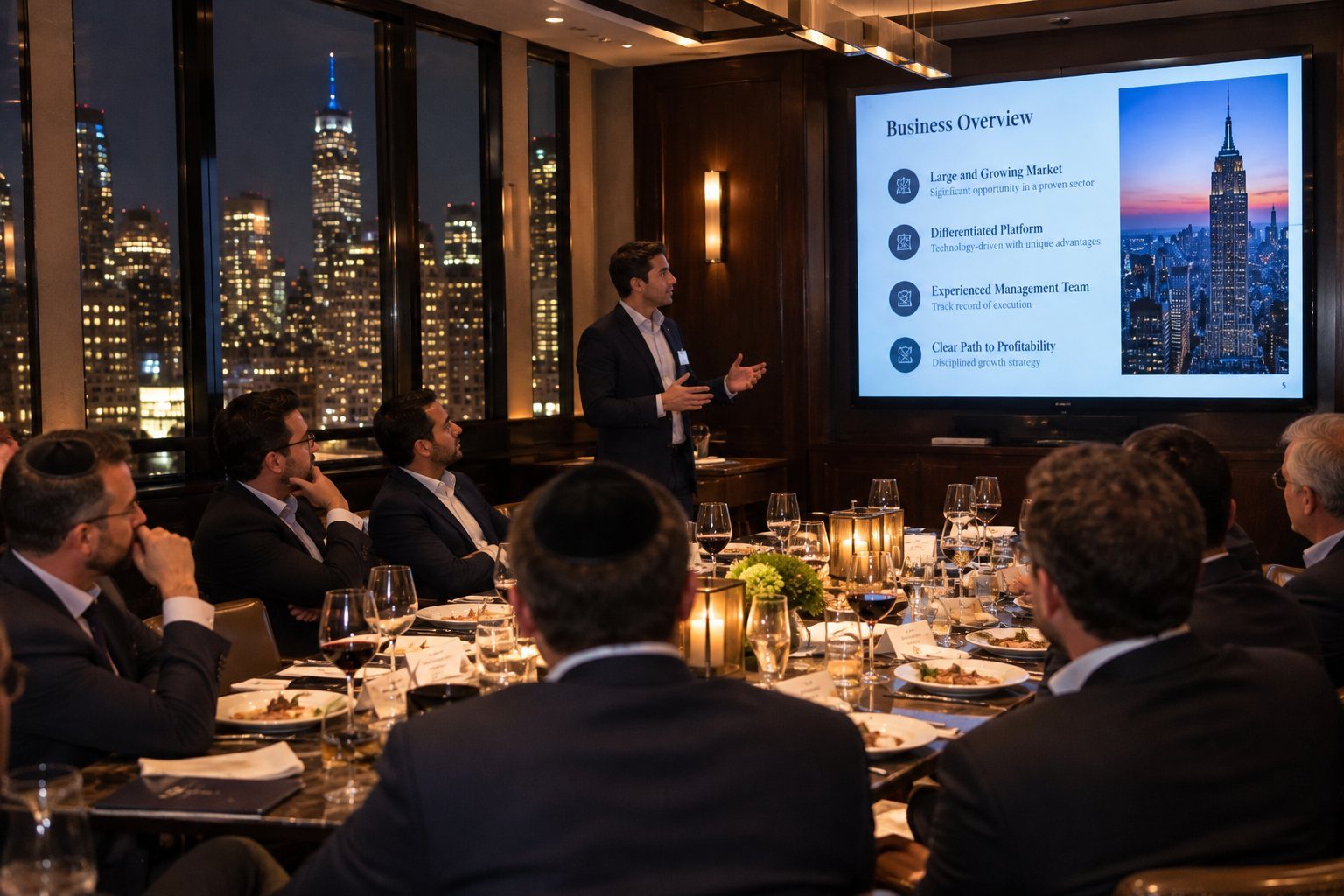 A company executive presents to guests at a private dinner, with the Manhattan skyline at night through the windows.