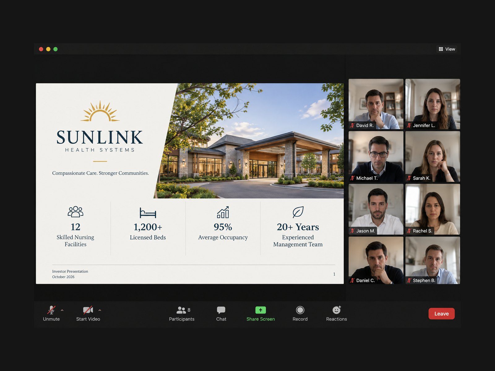 A video investor meeting, with SunLink Health Systems’ investor presentation shared on screen beside a grid of participating investors.